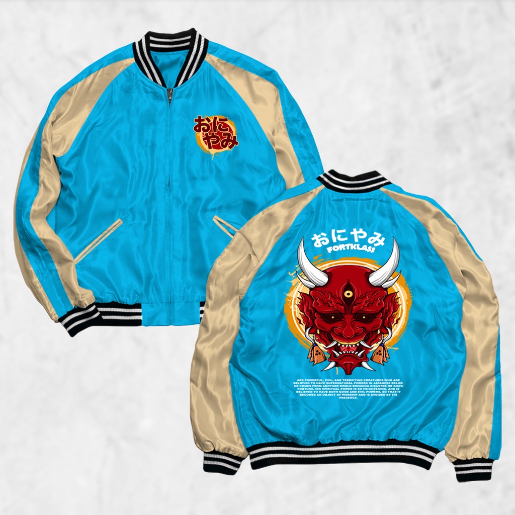 Fortglass Jaket Sukajan Motif Biru Gold Sablon Jaket Pria Wanita Distro Unisex Japan Premium Original