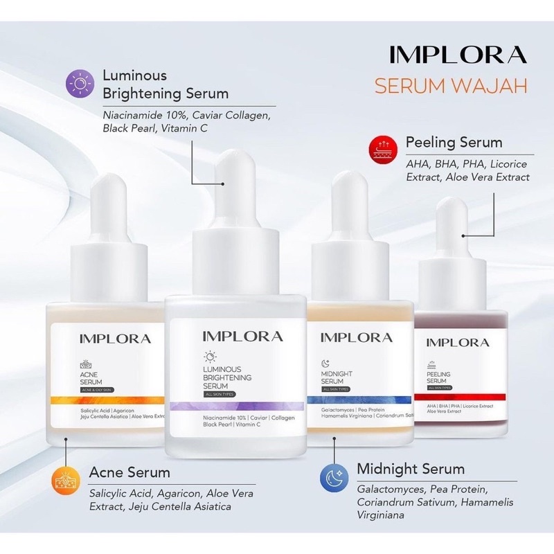 Implora Serum Luminous Brightening | Acne Serum | Midhight Serum | Peeling Serum | 24K Gold Serum