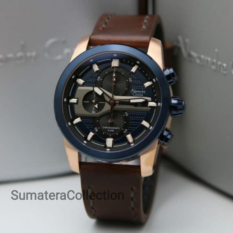 JAM TANGAN ALEXANDRE CHRISTIE ORIGINAL PRIA AC6562 / AC 6562 LEATHER BROWN ROSE BLUE