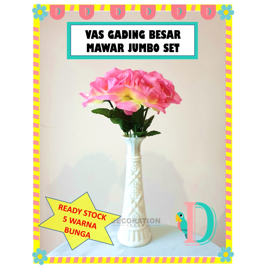 [1 SET MURAH] Pot Bunga Vas Bunga Gading Besar + Bunga Mawar Jumbo Artificial Plastik Palsu Cantik