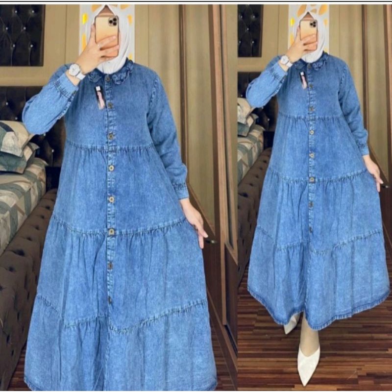Midi Dress Jeans Terbaru // Dress Midi Jeans Kadual // Midi Dress Denim Wanita