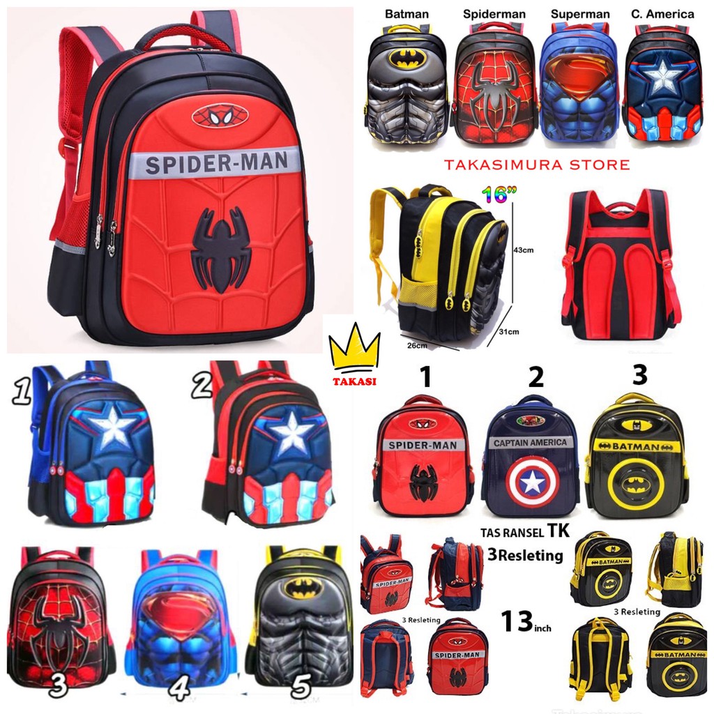 	 Tas Ransel Anak Sekolah SD Laki Laki Spiderman Captain America Kode 1358 065 Perempuan Unicorn LOL	