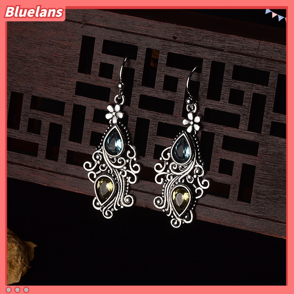 Bluelans Vintage Women Water Drop Rhinestone Flower Dangle Hook Earrings Jewelry Gift