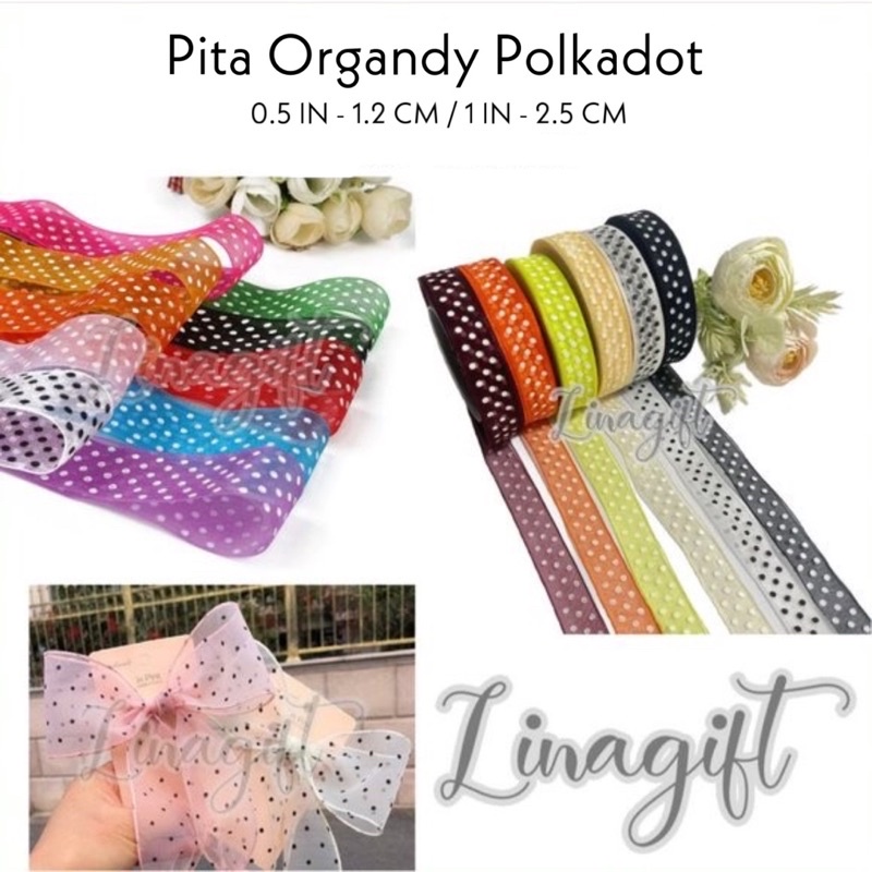 ( Rol 20 Yard ) PITA ORGANDI POLKADOT 0.5IN ( 1.25CM ) / 1IN ( 2.5 CM ) - ORGANDY DOT 1INCH / 1/2IN ORGANZA ONDE / HIASAN KADO / PARCEL HIASAN DEKOR DEKORASI RUANG FLORIST BUKET KARANG