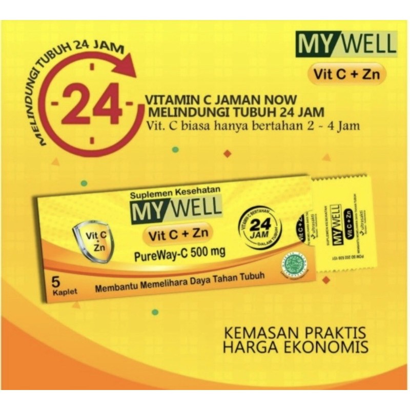 Mywell vitamin C + zinc strip 5 tablet ( vit C tidak perih di lambung )