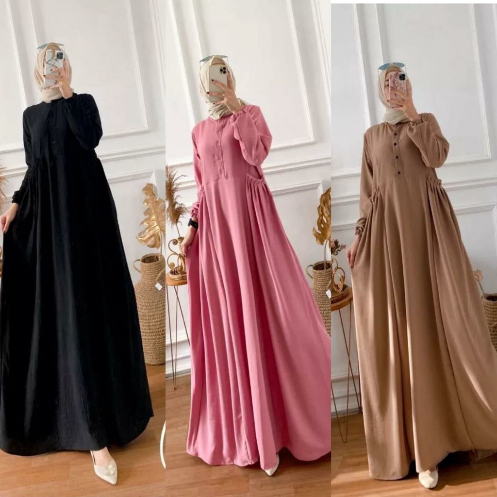 CIKA PLAIN MAXY Gamis Crinkle Airflow POLOS Saku Terbaru