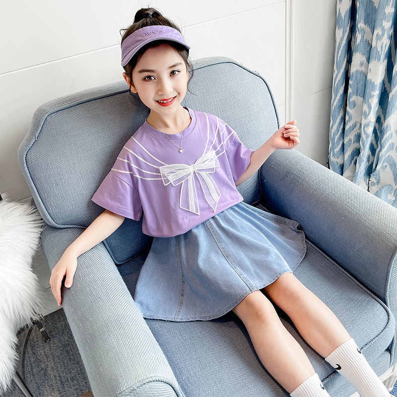 KF CAT Setelan Anak Perempuan Kaos Lengan Pendek +Rok Jeans Motif Pita 2IN1 Cotton Import Korea Style-4