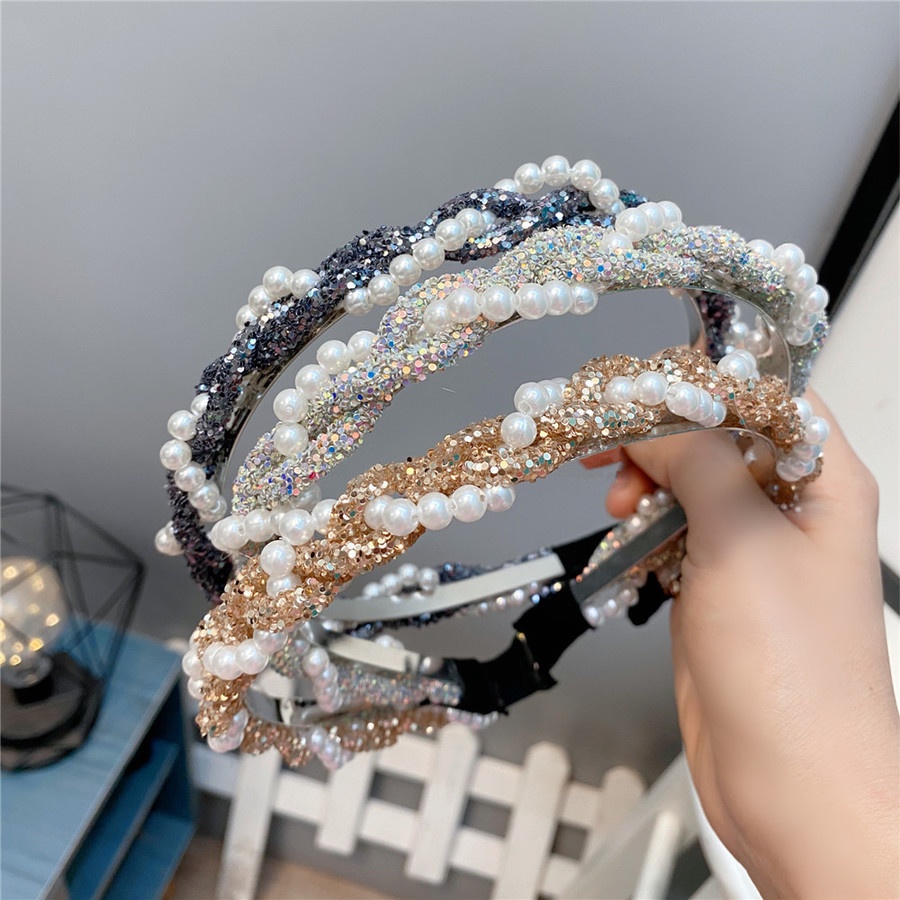 Korean Pearl Sequined Headband Twist Braided Shiny Hair Band Women Hair Accessories