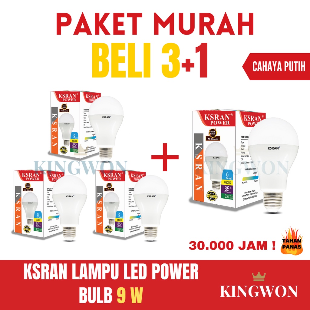 KSRAN Lampu LED 9 watt POWER - BULB (PAKET BELI 3 GRATIS 1) BUNDLE