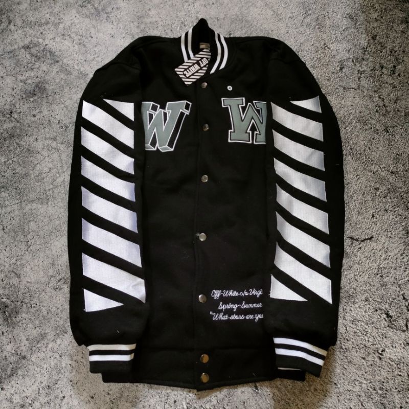 JAKET BOMBER VARSITY OFF WHITE HIGH QUALITY CASUAL HYPE FASHION PRIA