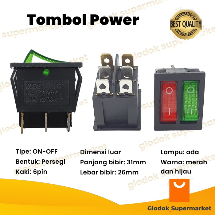 Saklar Double 6 pin On Off Tombol Rocker 2 Posisi Lampu KCD8 Power Switch 6pin