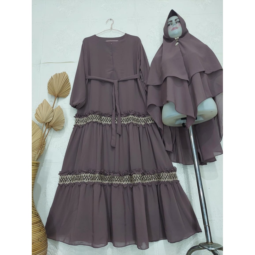 Gamis Ceruty Renda 2undak Terbaru Set Khimar | Gamis Syari Busui Ceruty Babydoll