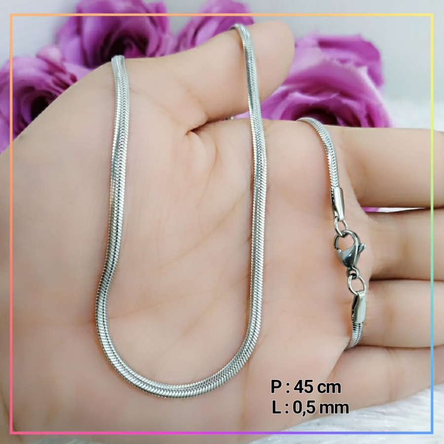 Kalung titanium/stainless steel rantai pipih warna gold dan silver polos mewah perhiasan anti karat kalung cowok/cewek C147