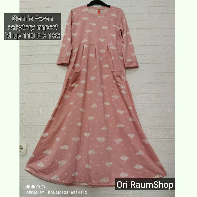 Gamis Wanita Kaos Babyterry Import Motif Awan Bahan Adem Lembut Gamis Wanita Terbaru Gamis Kaos Keki