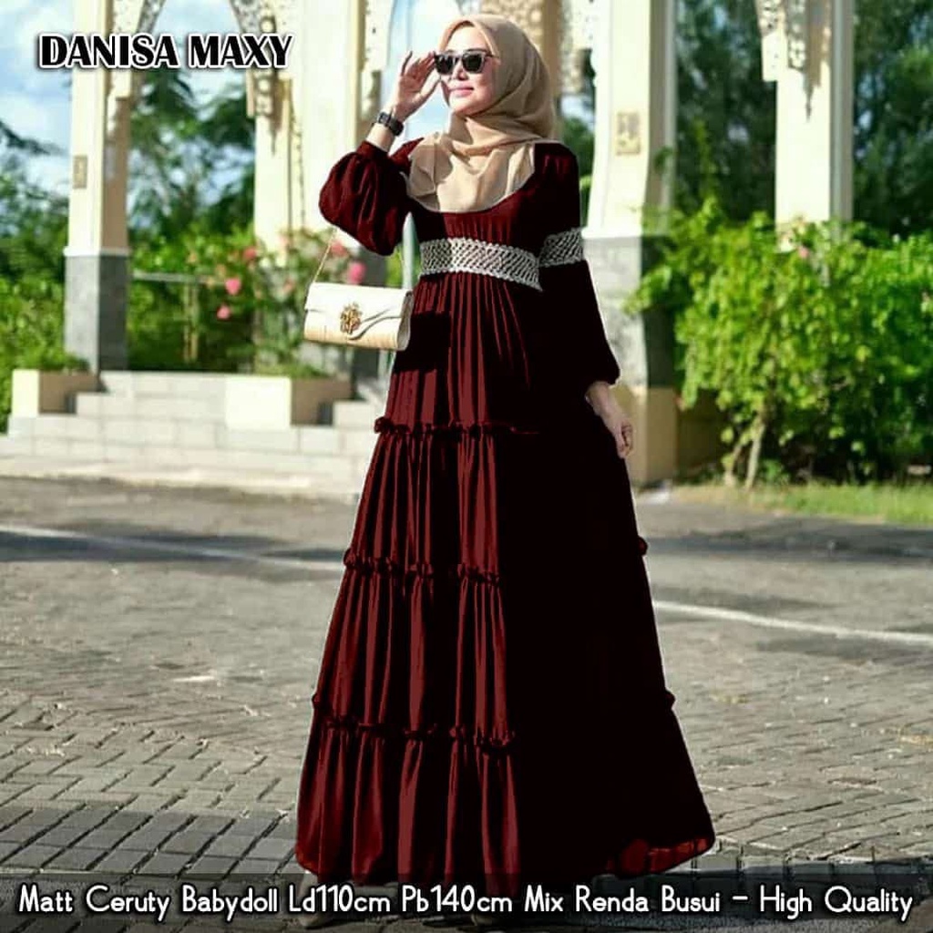 Baju Gamis Wanita Ceruty Polos Rempel Hias Renda Danisa Maxy