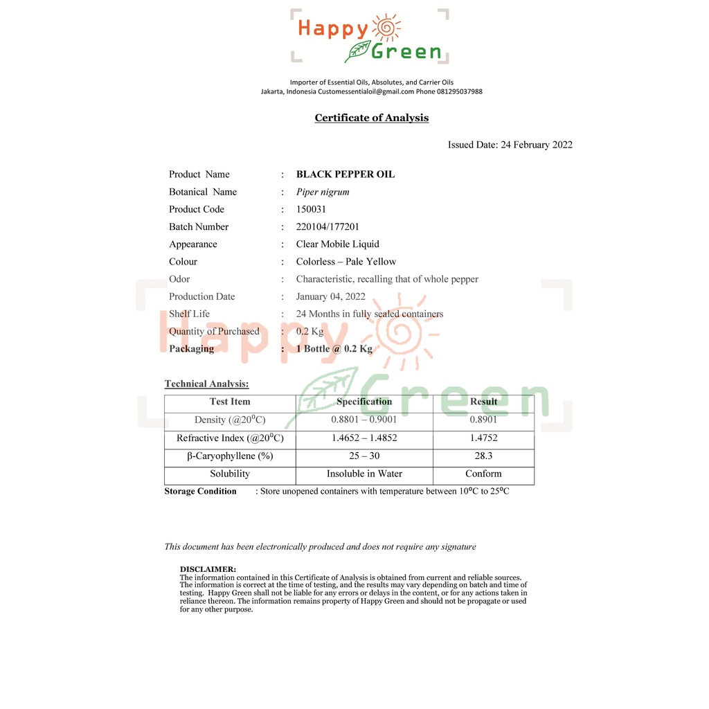 BPOM Approved Happy Green Black Pepper Essential Oil - Minyak Atsiri Lada Hitam Murni 100% untuk meningkatkan napsu makan