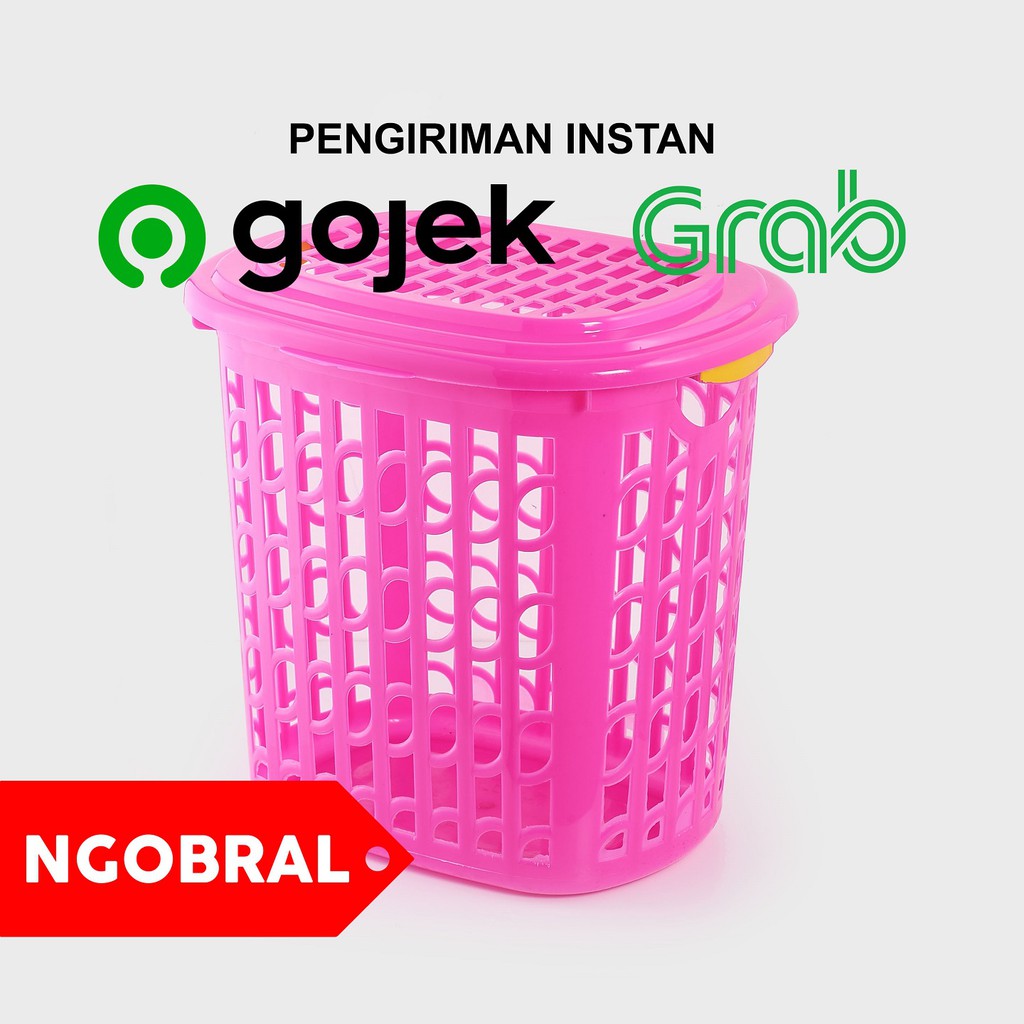 GOJEK - Keranjang Baju Kotor Plastik Tinggi dengan TUTUP - PINK