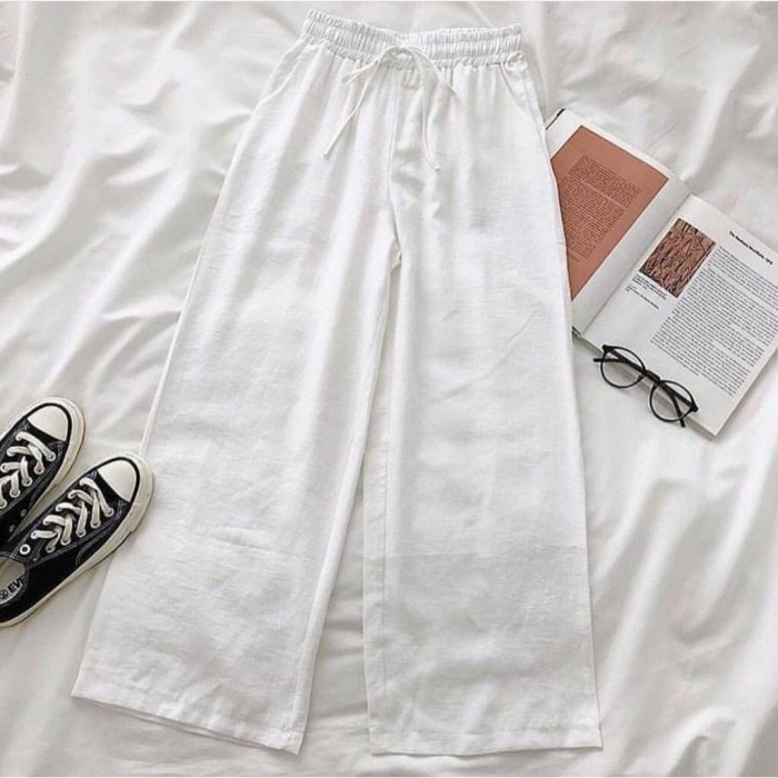 TERLARIS Wide Celana Kulot Polos Katun Linen Premium / Kulot Pants Jumbo - Putih, L