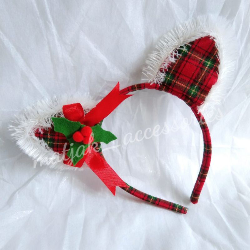 Bando Natal Dewasa Anak Karakter Telinga Kucing Tema Natal Pompom Pita