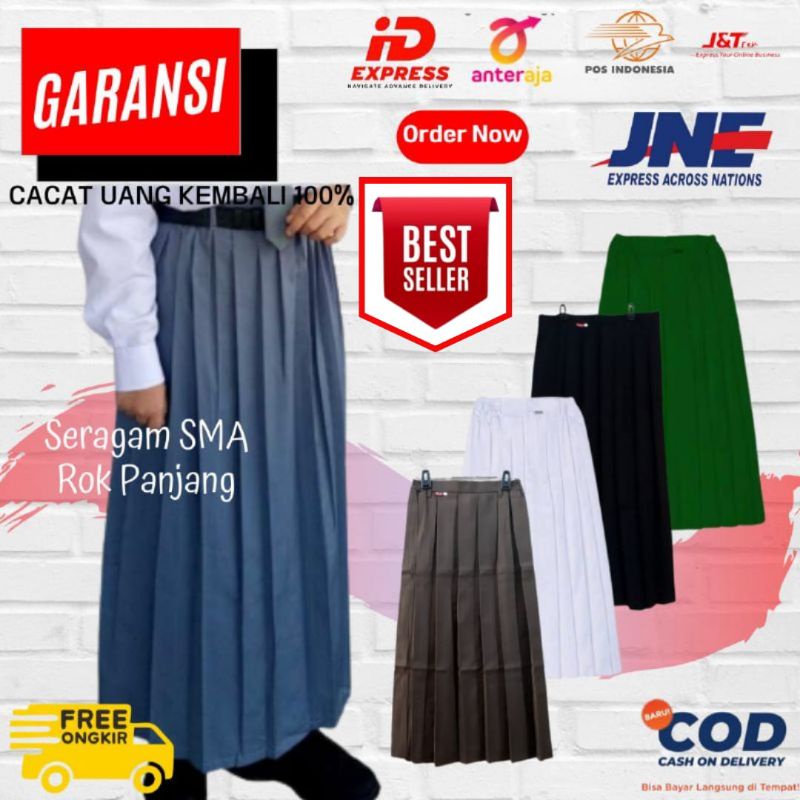 Rok panjang untuk SMA warna  Abu-abu , Coklat , Putih , Hitam model pliskit lisu full wiru rempel uk