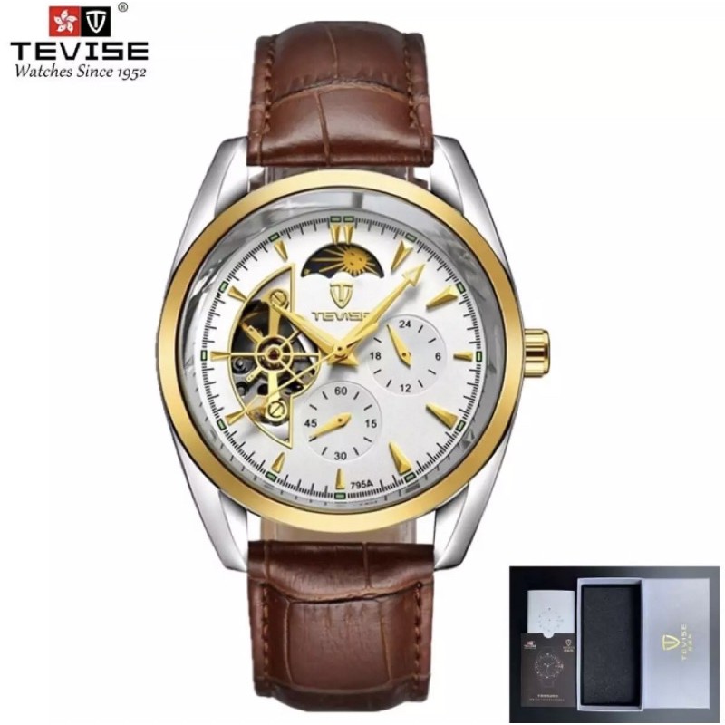Jam Tangan Tevise Original Bisnis Mewah Automatic All Chrono Active Gold White Combi Tali Kulit
