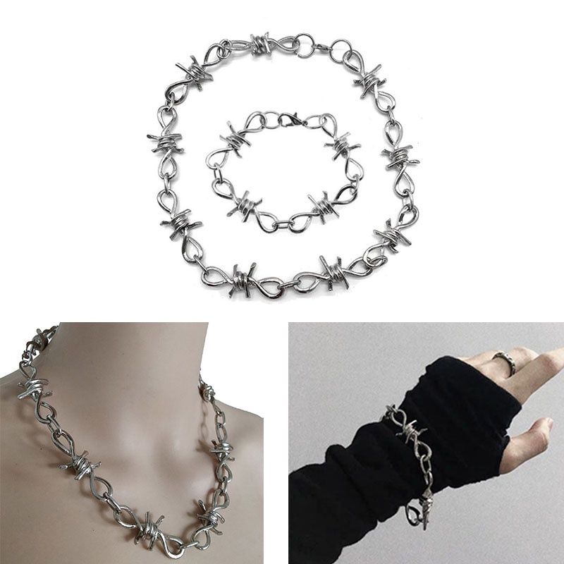 SIY  1 Set Men's Punk Gothic Alloy Barbed Wire Brambles Necklace Bracelet Jewelry Set