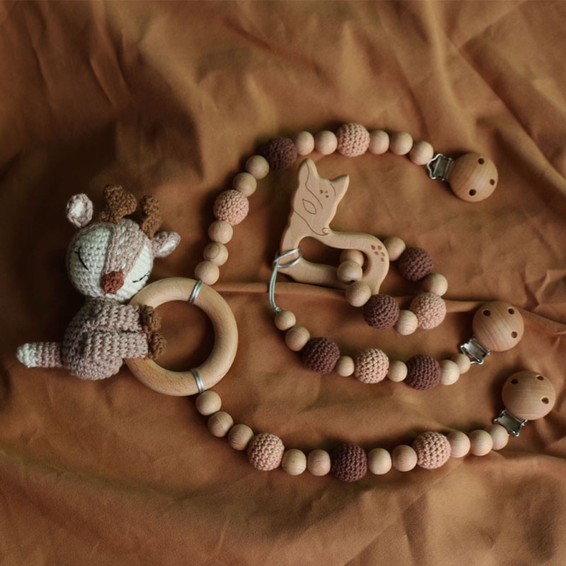 Mary 3pcs / Set Mainan Rattle / Teether / Gelang Tangan / Klip / Jepit Bahan Kayu Untuk Stroller Bayi