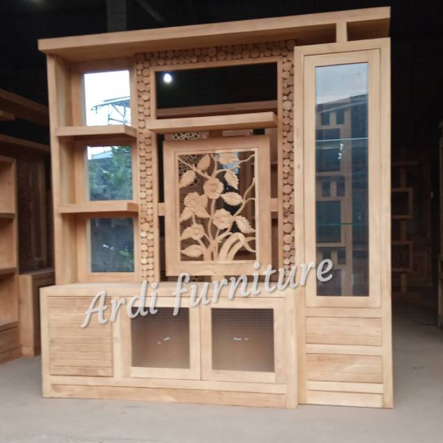 Penyekat ruangan partisi ukir kayu jati pemisah ruang tamu bufet mebel jepara free ongkir