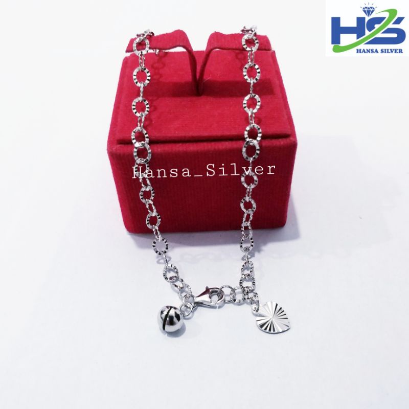 Gelang Kaki Perak Asli Silver 925 Lapis Emas Putih  Model Rantai Nori Ukir - Perak Asli 925 Anti Karat