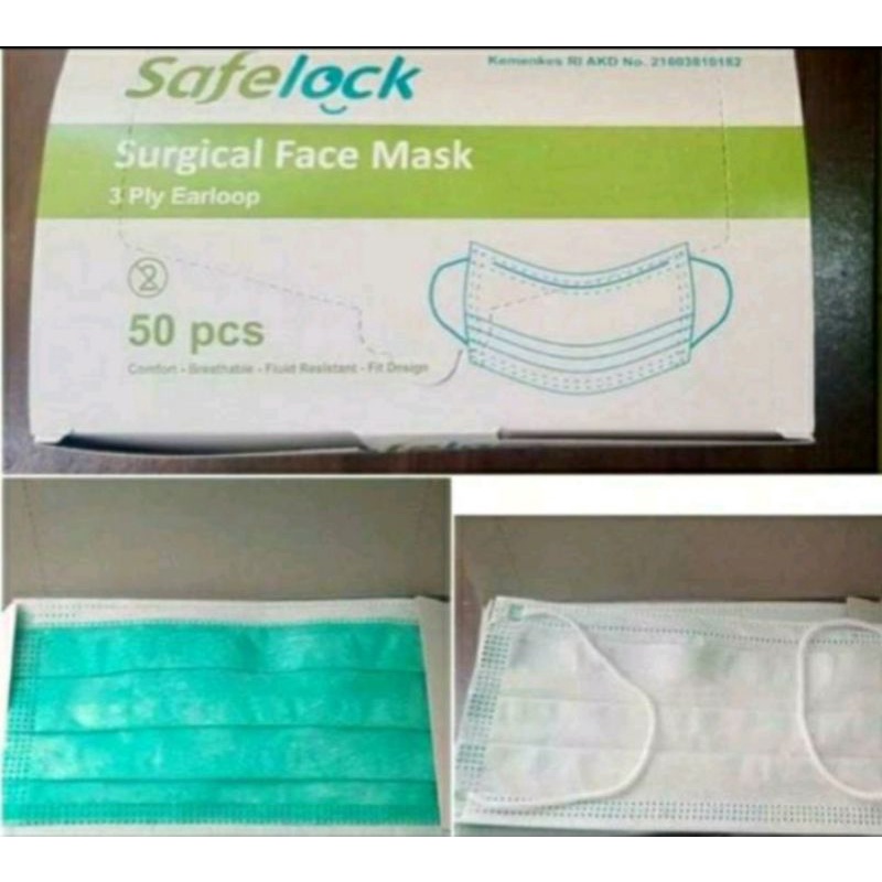 Masker Medis 3 ply Safelock Headloop Earloop Isi 50 AKD Kemenkes