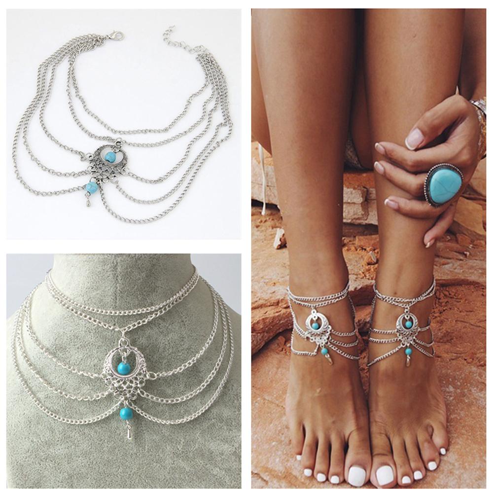 Gelang Kaki Nanas Perhiasan Aksesoris Bohemia Fashion Etnik Drop Rantai Tebal Rantai Berongga Perhiasan Multi-Layer Dipakai Turquoise Pendant Silver Feet