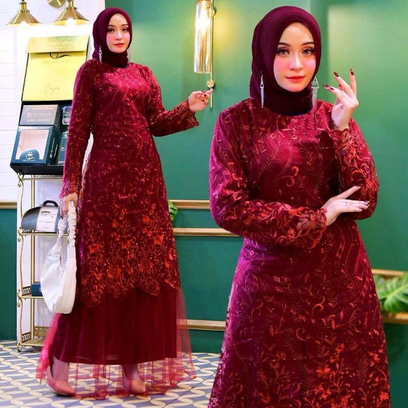 BAJU GAMIS DRESS PESTA KONDANGAN NIKAHAN FULL BRUKAT BROKAT TILE WANITA MUSLIM BARU NEW S M L XL XXL JUMBO POLOS GERALDA WARNA MERAH MARUN MARON MAROON