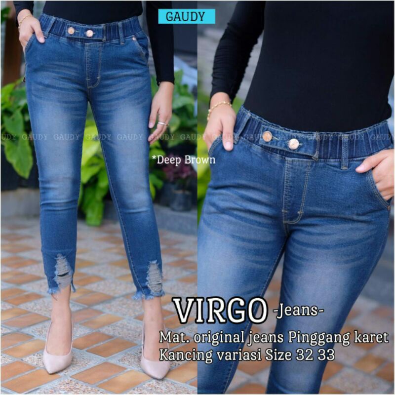 VIRGO Model Celana Jeans Sobek Jumbo Pinggang Karet Wanita Kekinian Terbaru 2022 Original Virgo Celana Baggy Pants Super