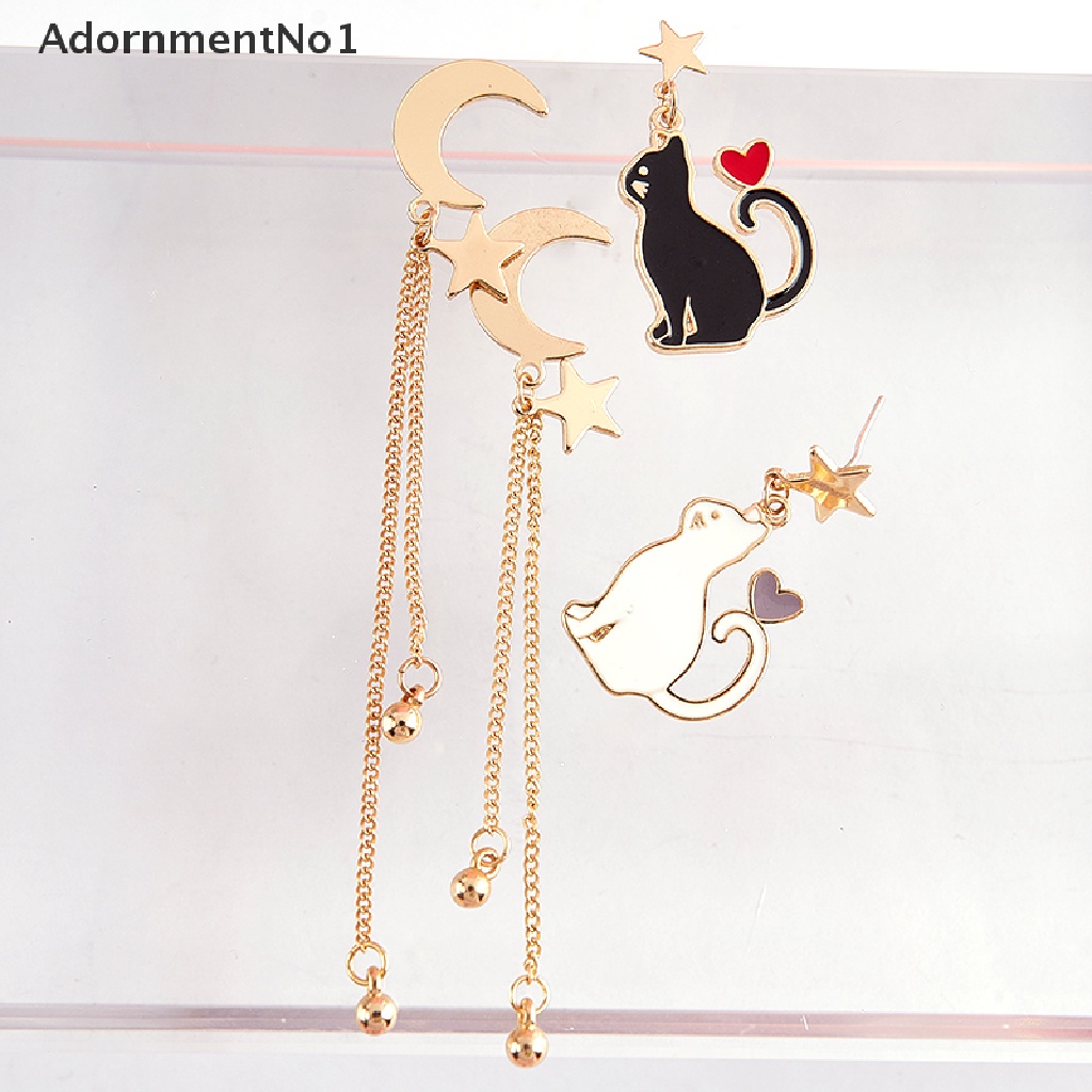 (AdornmentNo1) Anting Tusuk Asimetris Motif Kucing + Bulan + Bintang Untuk Perhiasan Wanita