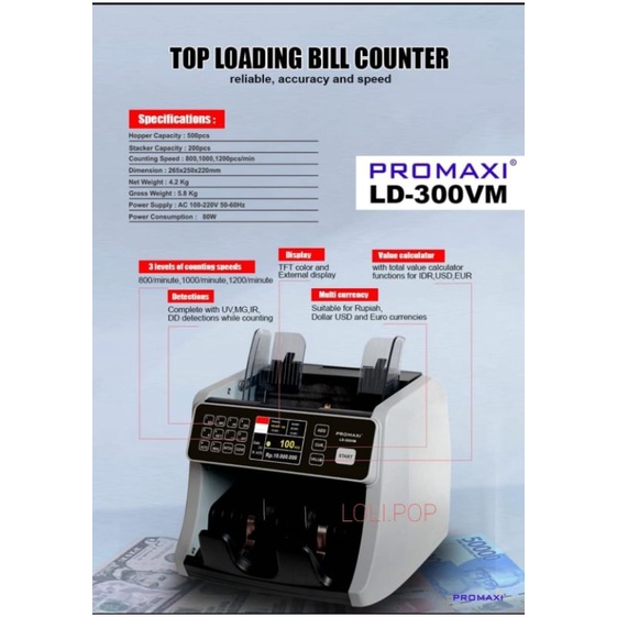 PROMAXI LD-300VM Top Loading Bill Counter / Mesin Hitung Penghitung Uang / Money Detector LD 300 VM