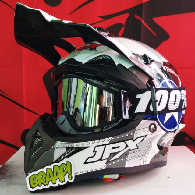 Helm Cross JPX Fox1 motif X30 Black Glossy + goggle 100% Murah (2kg)