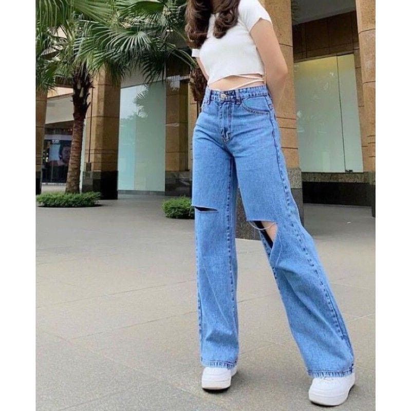 CELANA HAIGHWAIST KULOT JEANS SOBEK LUTUT//CELANA KULOT JEANS SOBEK WANITA