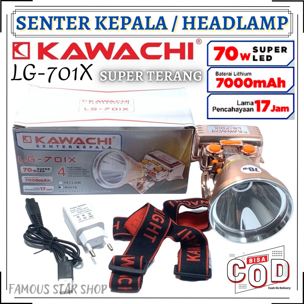 HeadLamp / Senter Kepala Kawachi LG-701X | Senter Kepala Super Terang 70 Watt Kawachi LG 701X | HeadLamp 70W 7000 mAh Tahan 17 Jam Jarak Sorot Jauh | FMS