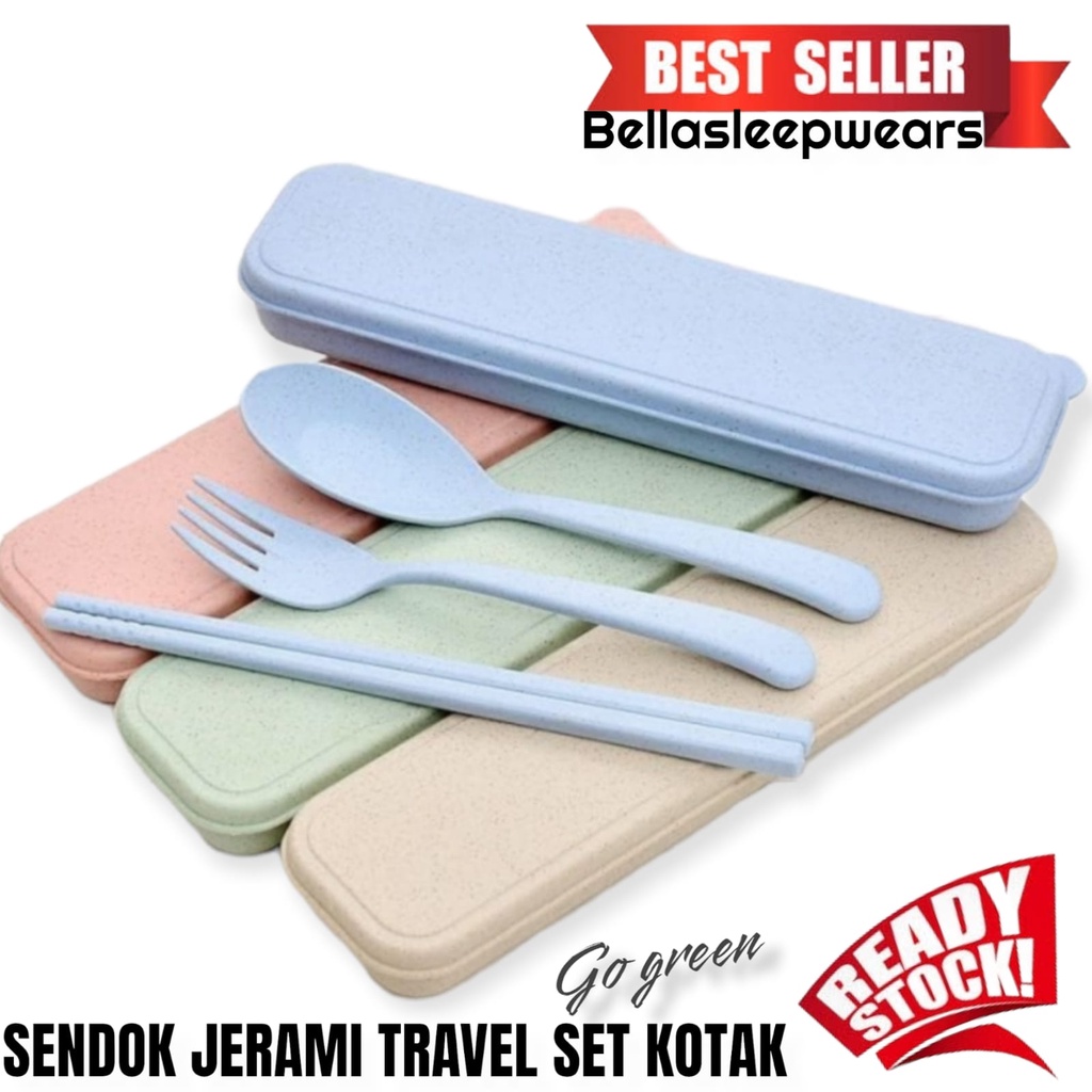 BELLA - ALAT MAKAN | SENDOK GARPU JERAMI SET 3IN1 TRAVEL NEED WITH BOX GO GREEN