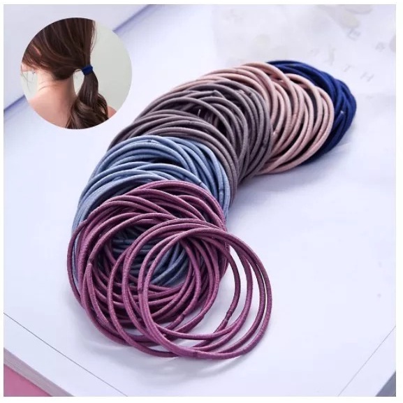 Karet Ikat Rambut isi 100pcs Free Pouch Kuncir Ikat Rambut - Kunciran Rambut Wanita Plus Pouch - Ikat Rambut Korea isi 100 pcs Warna Warni Karet Elastis