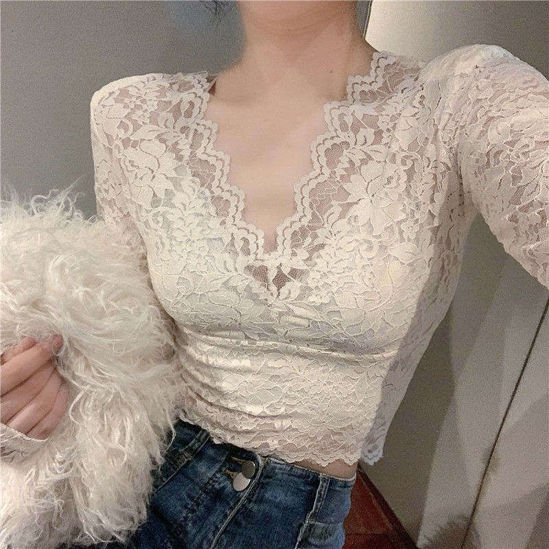 atasan renda import lace bottoming shirt women v-neck sexy mesh with foreign high-end small top shor