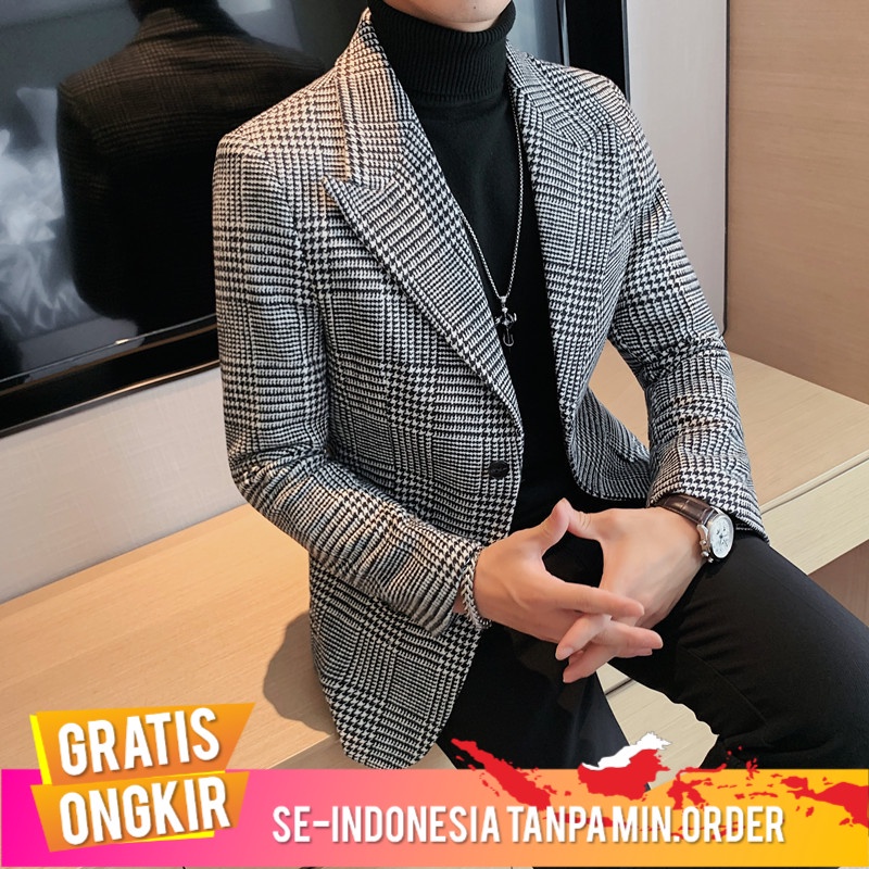 Jas Pria Pria Panjang Tebal Perapi Musim ngin Wol Suit Houndstooth Mantel  Korea Tren  Pria Hist