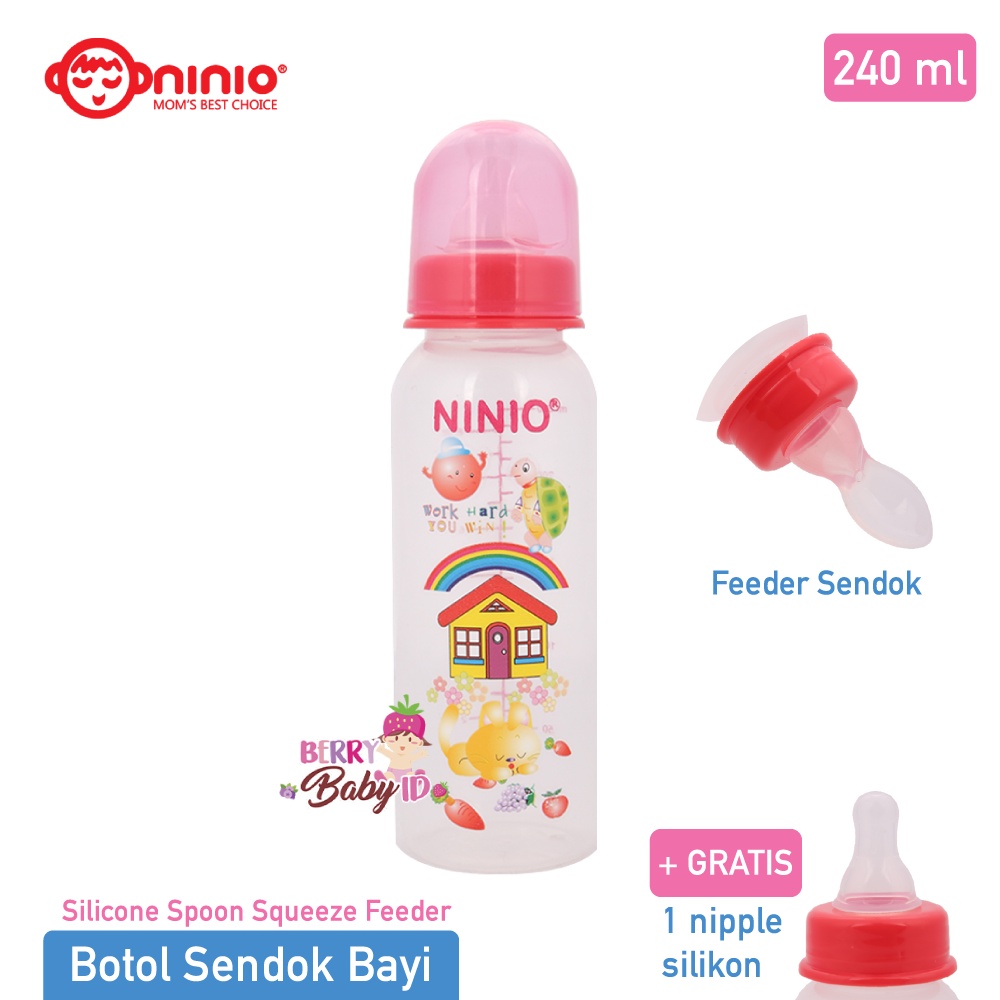 Ninio Botol Sendok &amp; Botol Susu Bayi 240 ml Silicone Squeeze Feeder GRATIS Nipple Dot Silikon MPASI Berry Mart