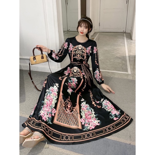 SALE!!! DRESS MAXI ESTILO ELEGAN IMPORT / IVORY ORI BKK-hitam bunga pink new