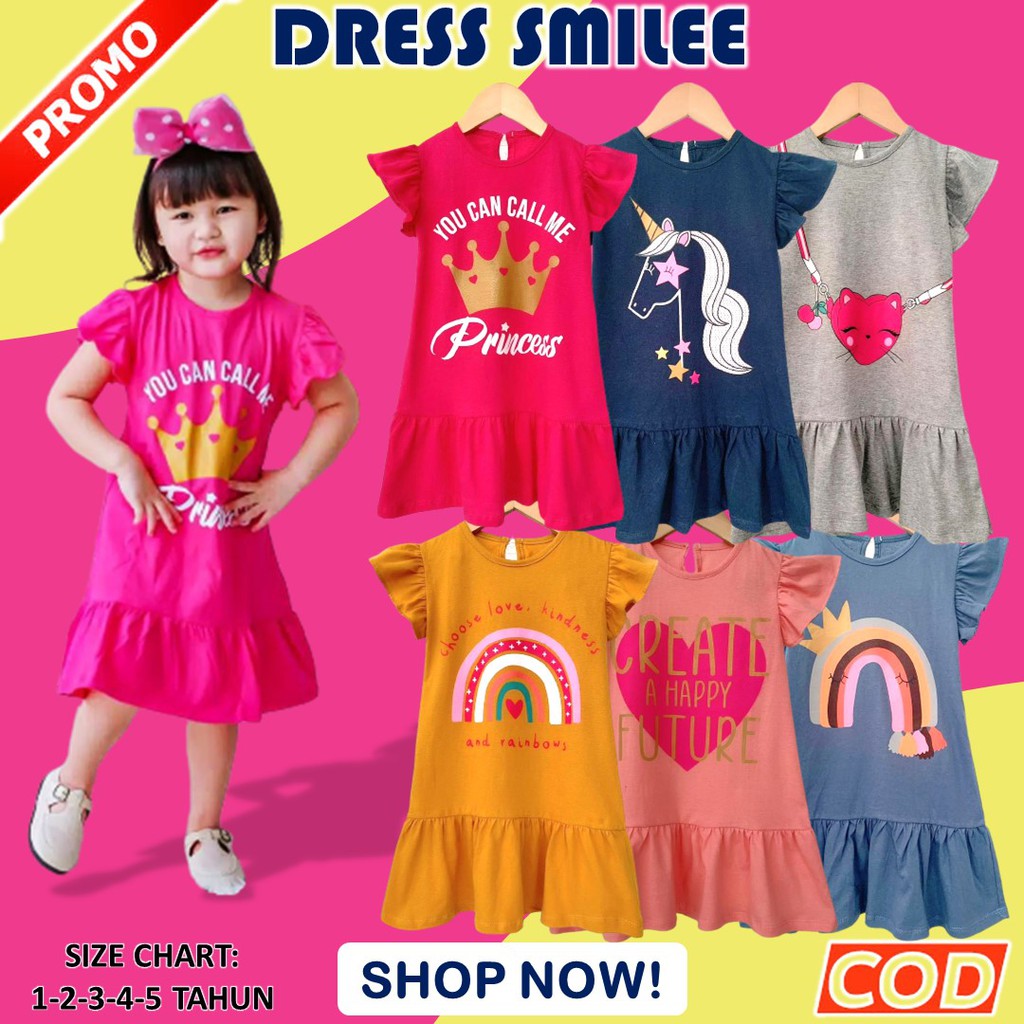 Dress Dres Drees Daster Anak Perempuan Cewek Usia Umur 1 2 3 4 5 Tahun Bahan Katun Motif Karakter