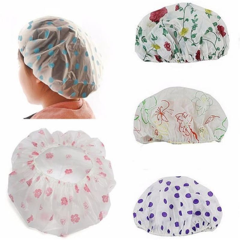 Shower Cap Plastik Penutup Rambut Anti Air Transparan Desain Motif untuk Kamar Mandi