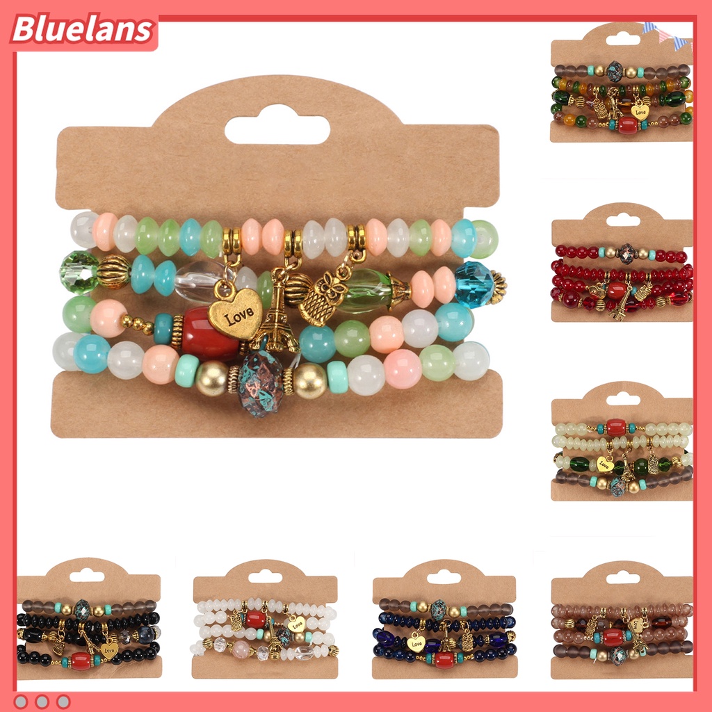 4pcs / Set Gelang Tali Elastis Liontin Burung Hantu Menara Eiffel Gaya Bohemia Untuk Wanita