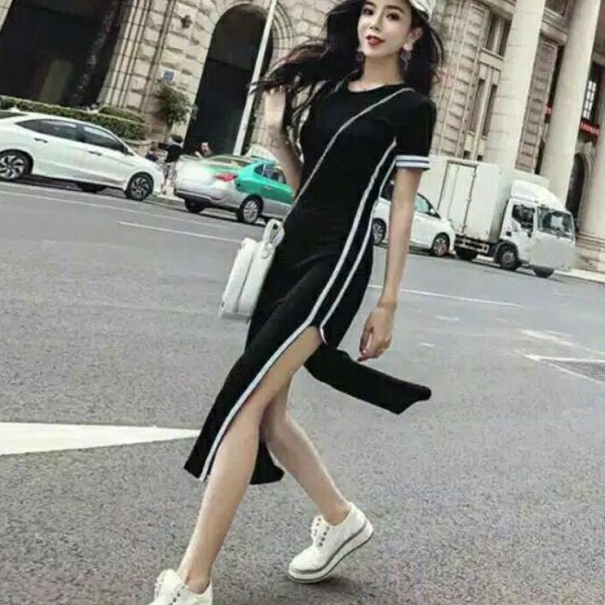 8466 Baju Mididress Dress bodycon bludru list putih wanita import baju dress bludru cewek import kor