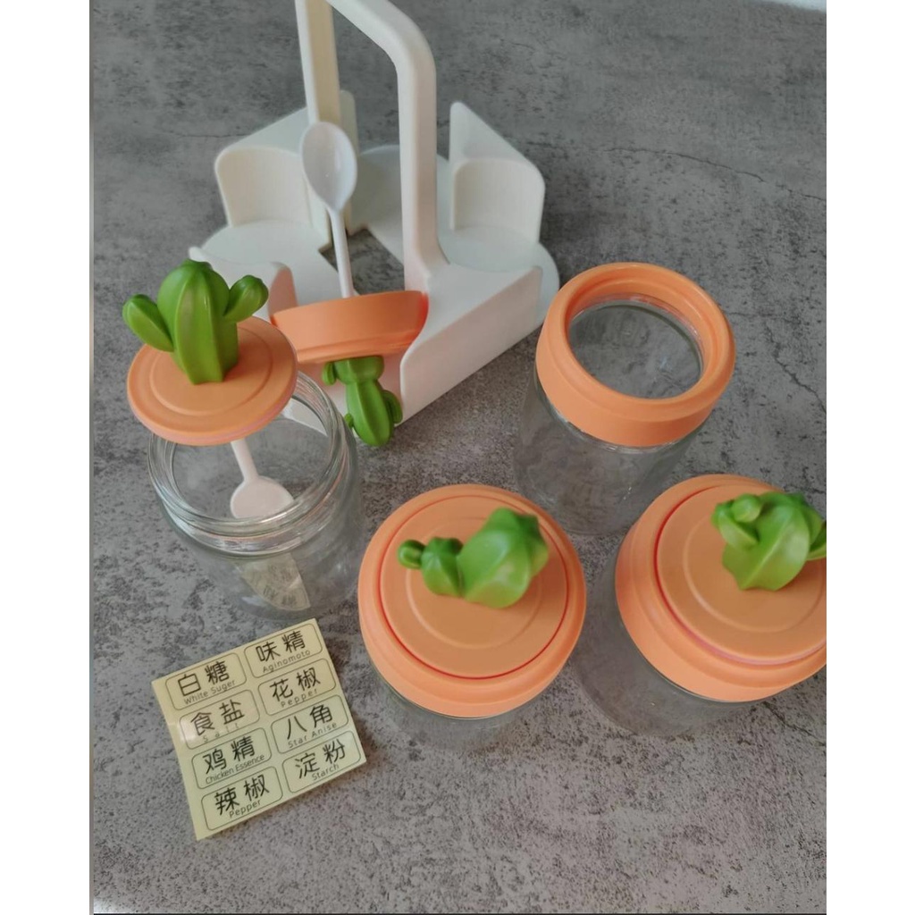 Tempat Bumbu Dapur Garam Gula Penyedap Rasa Lada 4 Pcs + Holder