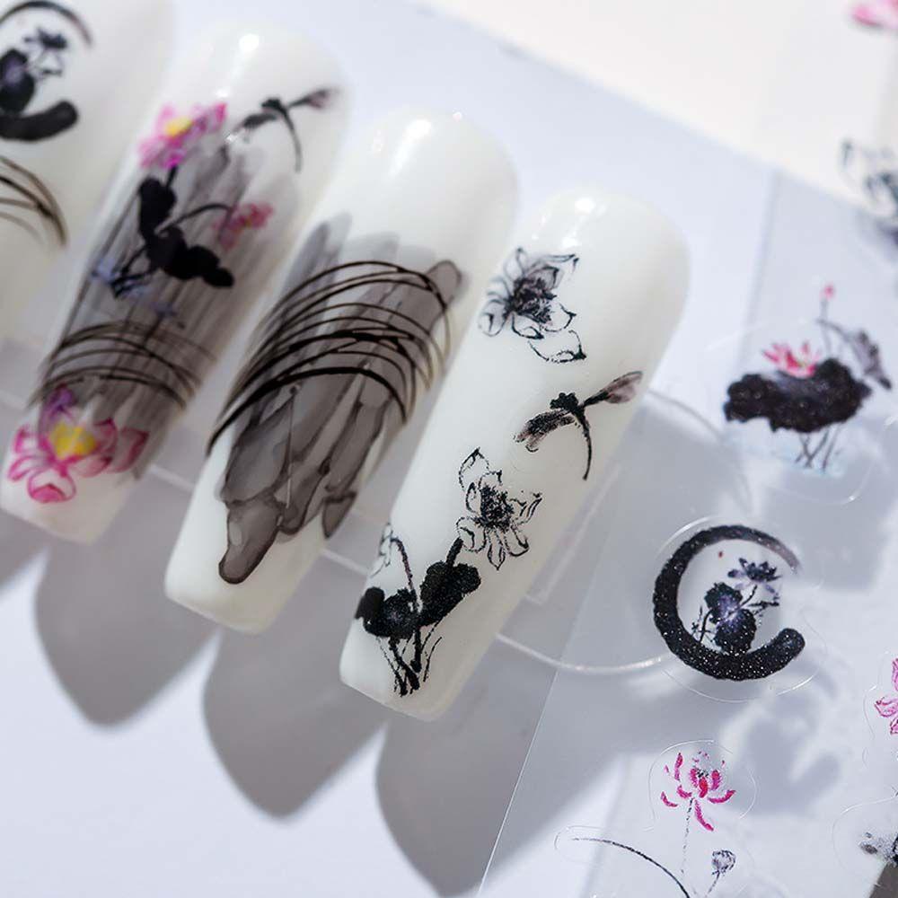 Mxbeauty Stiker Kuku Cina Wanita Perekat Diri Karakter Cina Kaligrafi Kipas Tinta Gaya Antik Nail Art Dekorasi